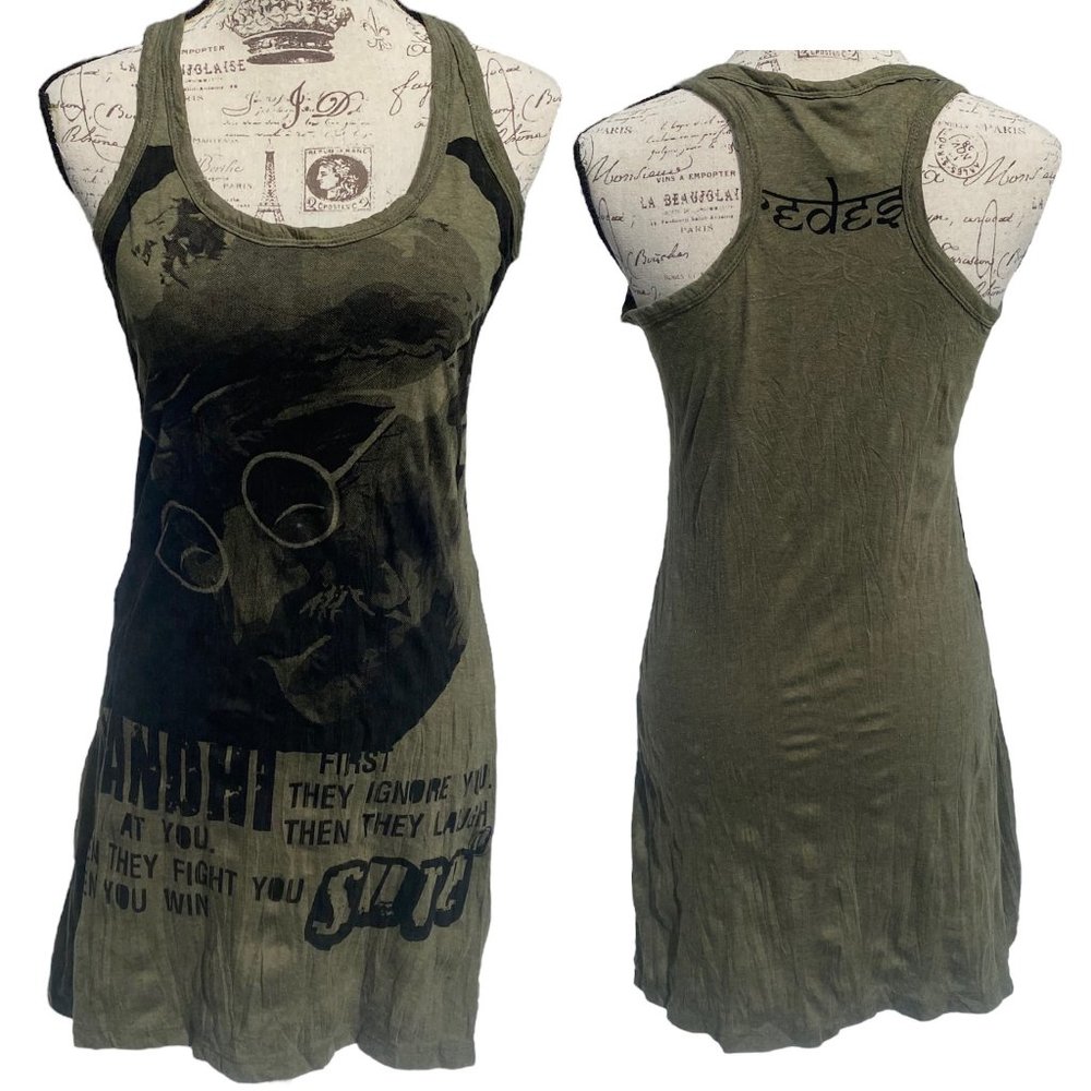 Original Sure Design Gandhi Crinkled Cotton Mini Tank Dress Super Soft Green S